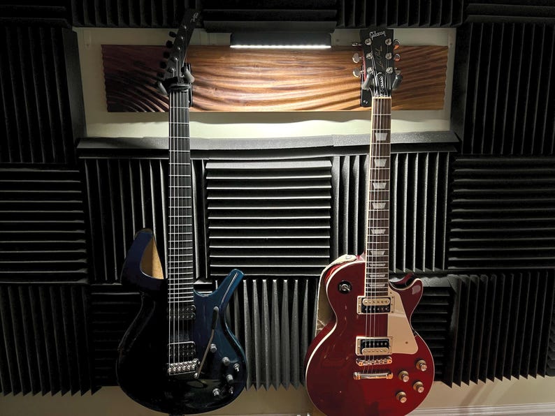 LED Guitar Wall Mount, Wavy Wood Bass Guitar Hanger, Handcrafted Walnut or Maple