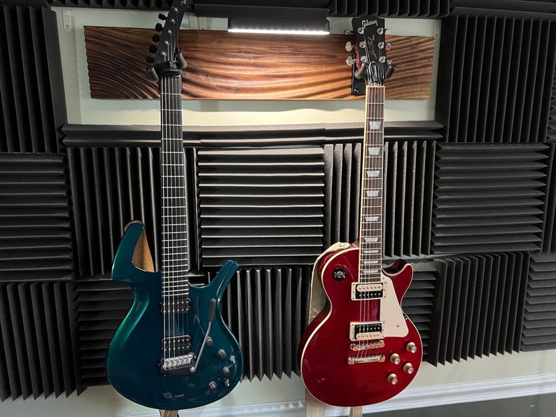 LED Guitar Wall Mount, Wavy Wood Bass Guitar Hanger, Handcrafted Walnut or Maple