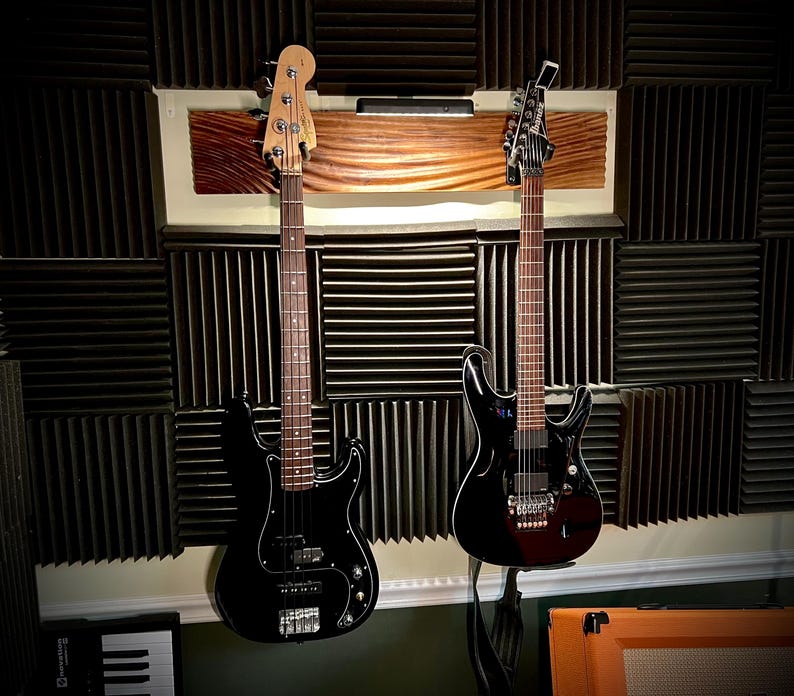 LED Guitar Wall Mount, Wavy Wood Bass Guitar Hanger, Handcrafted Walnut or Maple