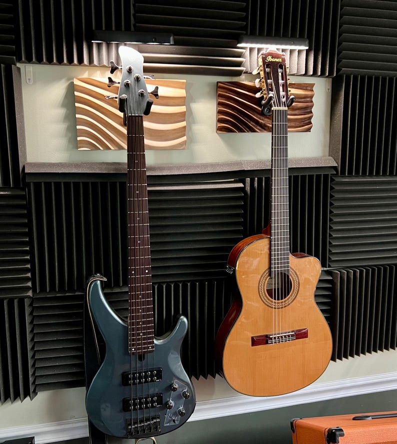 LED Guitar Wall Mount, Wavy Wood Bass Guitar Hanger, Handcrafted Walnut or Maple