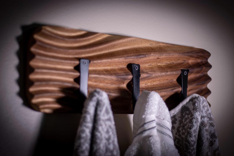Wavy Walnut Coat Rack | Modern Towel Rack, Bathroom Hook Organizer