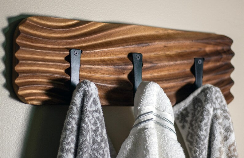 Wavy Walnut Coat Rack | Modern Towel Rack, Bathroom Hook Organizer