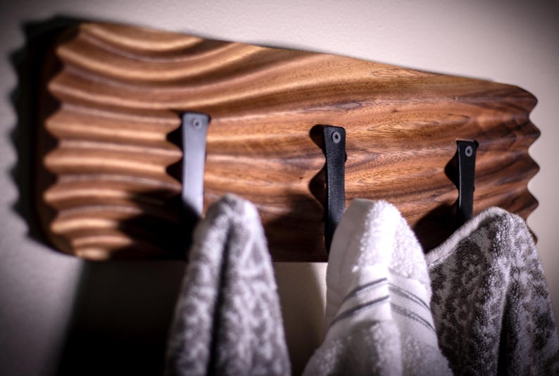 Wavy Walnut Coat Rack | Modern Towel Rack, Bathroom Hook Organizer