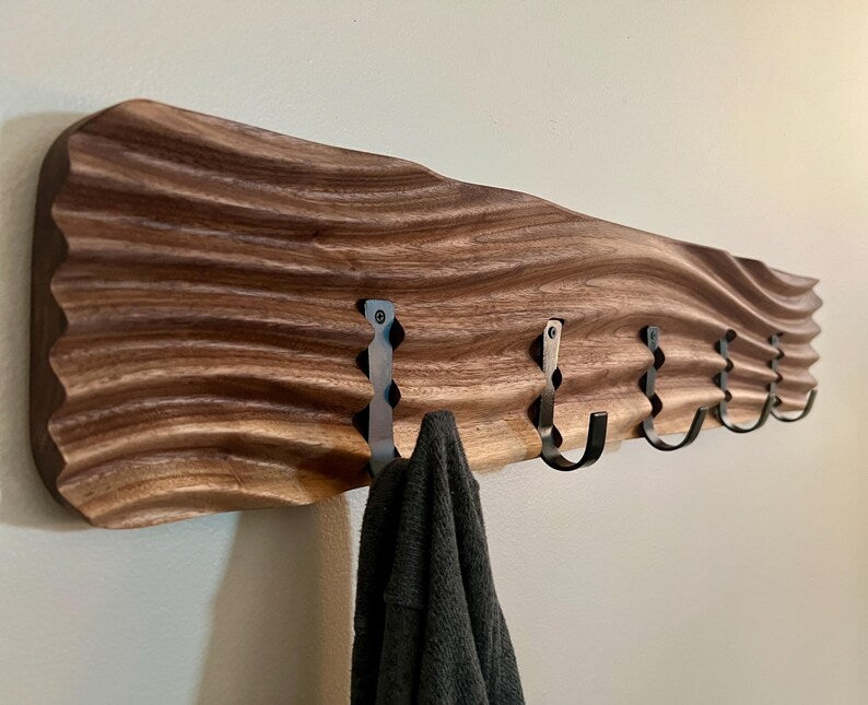 Wavy Walnut Coat Rack | Modern Towel Rack, Bathroom Hook Organizer