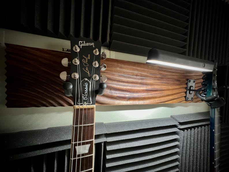 LED Guitar Wall Mount, Wavy Wood Bass Guitar Hanger, Handcrafted Walnut or Maple